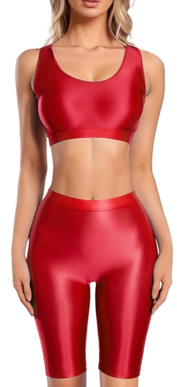 8425 2 Piece Sequin Crop Top and Glitter Biker Shorts Set Metallic Oil